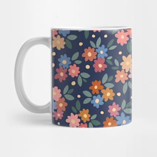 AFP22-02-ai Daisy field with leaves and polka dots oranges and blues on navy-blue -02 Mug